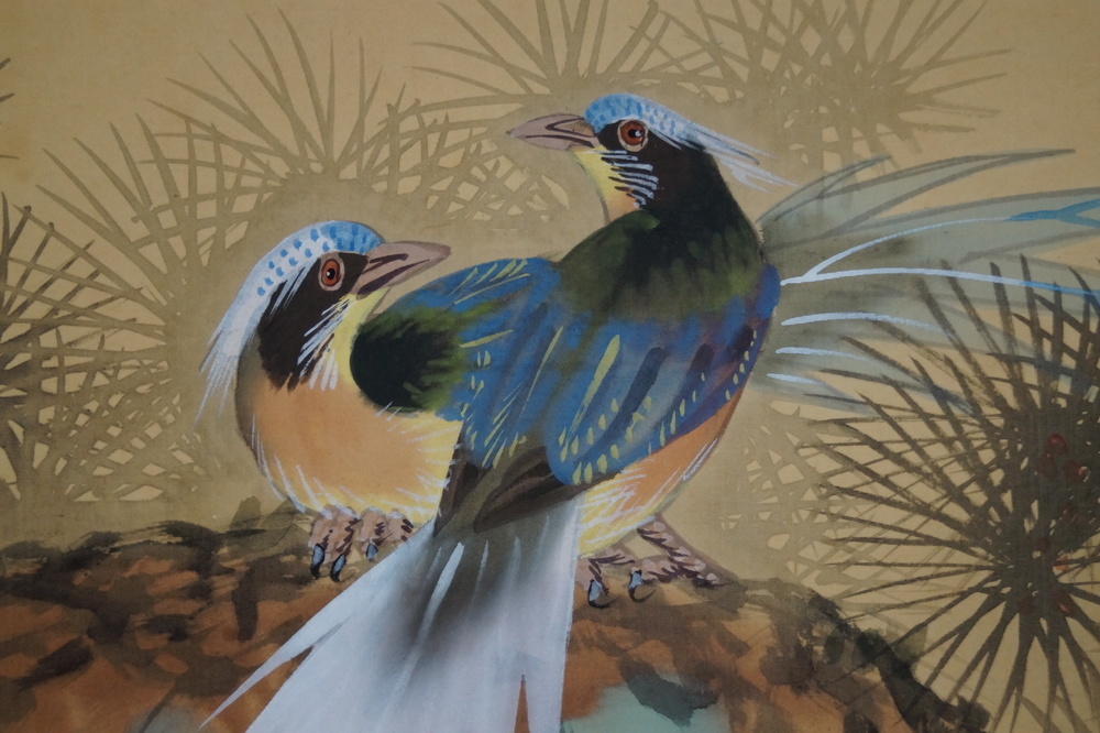 Vogel und Pfingstrose Rollbild Vogel-Motiv Nahaufnahme 2