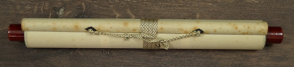 Rolled Up and Cord-Tied Hanging Scroll with Wooden Jikusaki