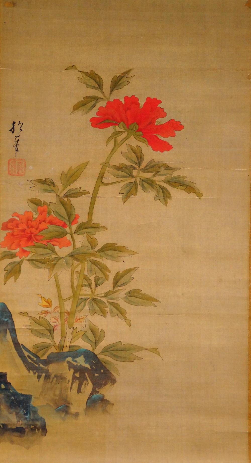 Full motif without mounting with blooming peonies on a rock by Sakai Hoitsu