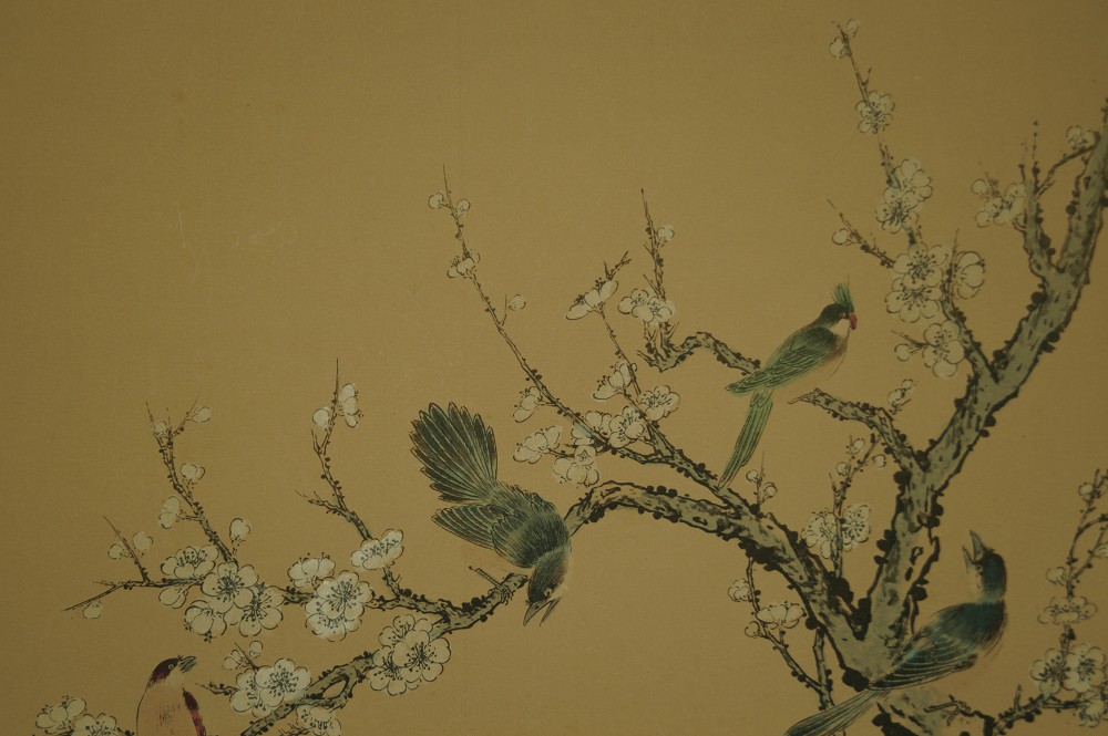 Hanging Scroll Peonies and Sakura Birds Motif Close-Up