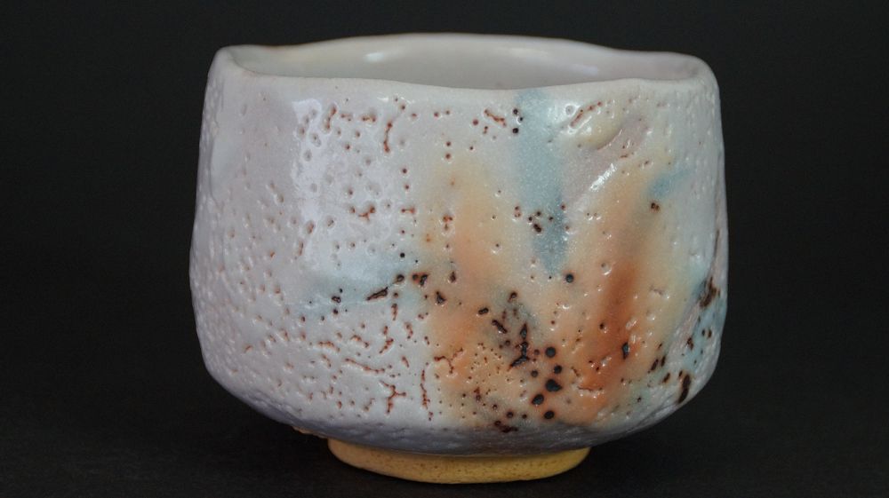 Further view of the chawan made of Shino ware with finely textured glaze surface