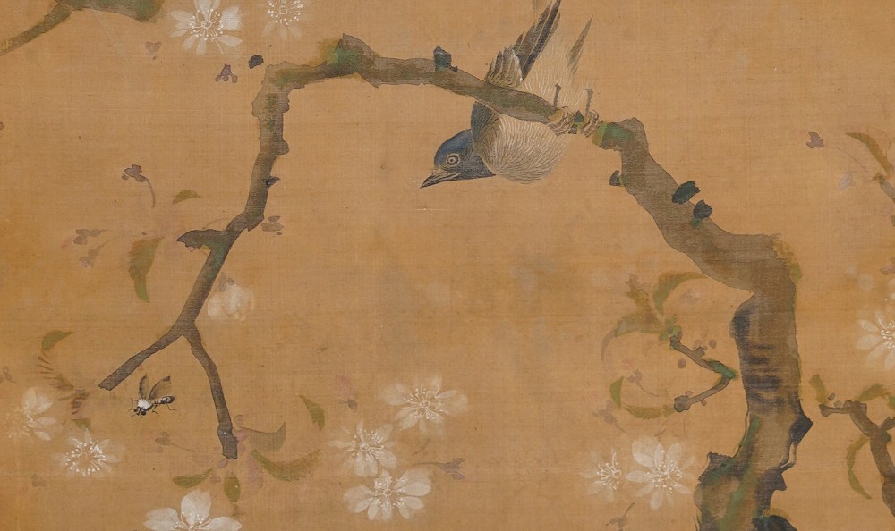 Kakemono by Satake Eikai: songbird on a blossoming cherry branch against a light silk background.