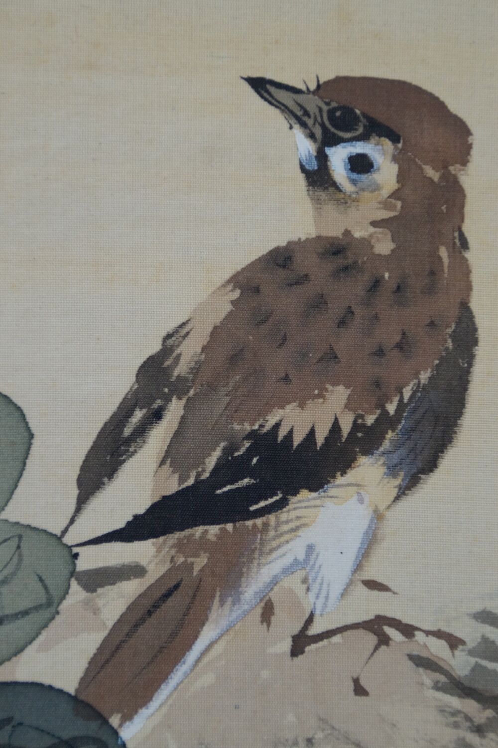 Close-Up of the Bird Sitting on the Rock in the Kakemono Autumn Chrysanthemums