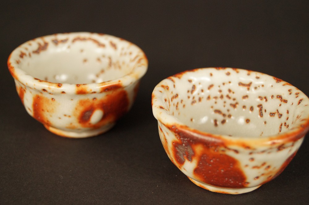 Two Shino Sake Cups Side by Side Guinomi Front View
