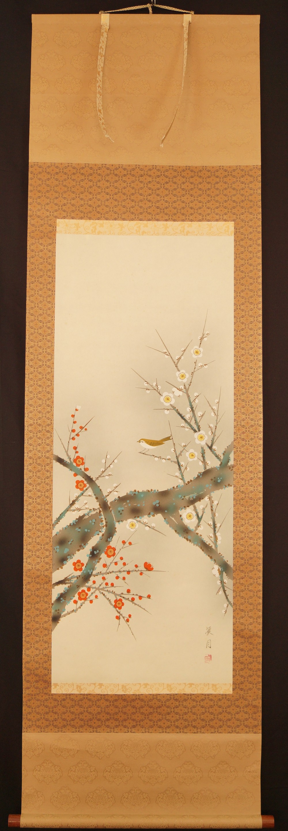 Nightingale on Sakura Branch Full View Hanging Scroll