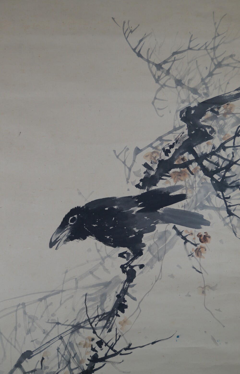 Close-Up of the Raven on the Bare Branch with Autumn Leaves in the Kakemono Raven on a Bare Branch by Watanabe Ando