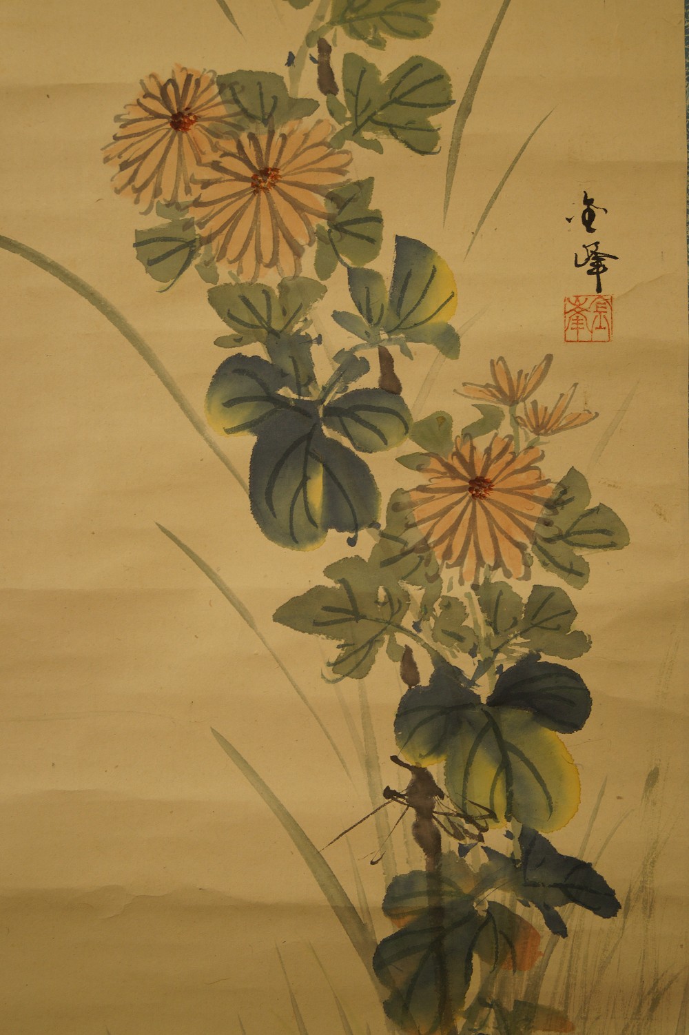 Spatz Kakemono Chrysanthemen Motiv Nahaufnahme 2