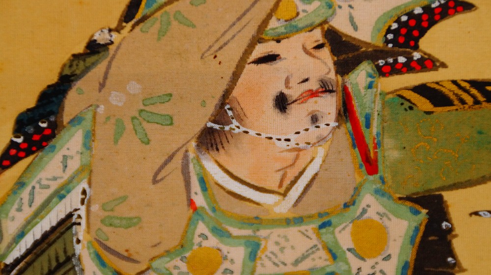 Close-up of the head of the samurai warrior with helmet and facial expression