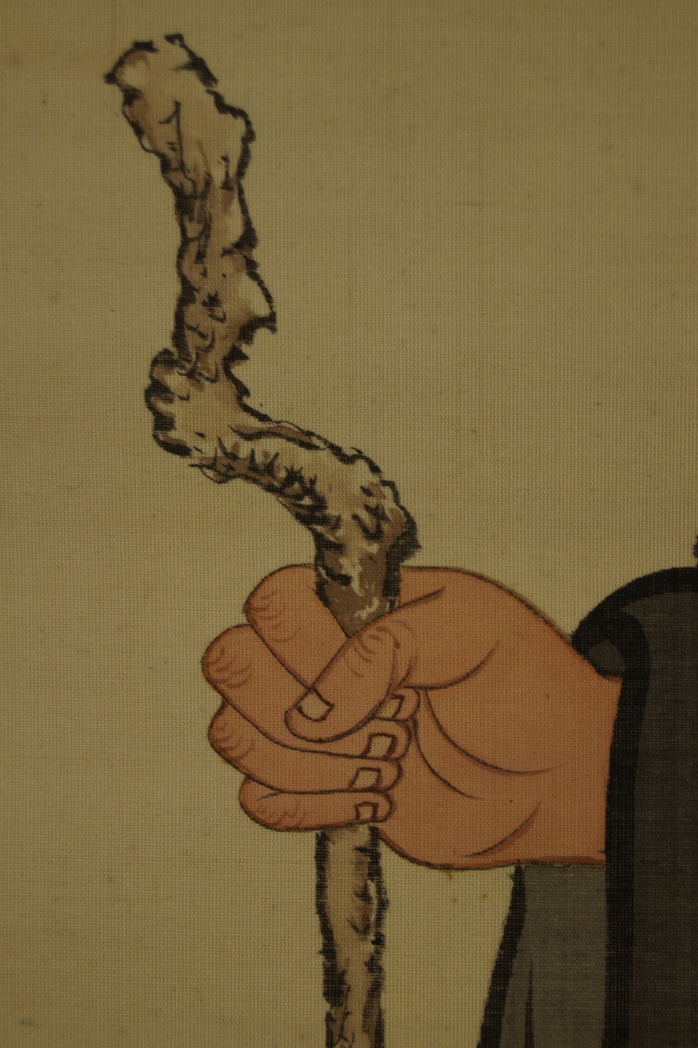 Japanese hanging scroll Zen monk walking stick close-up
