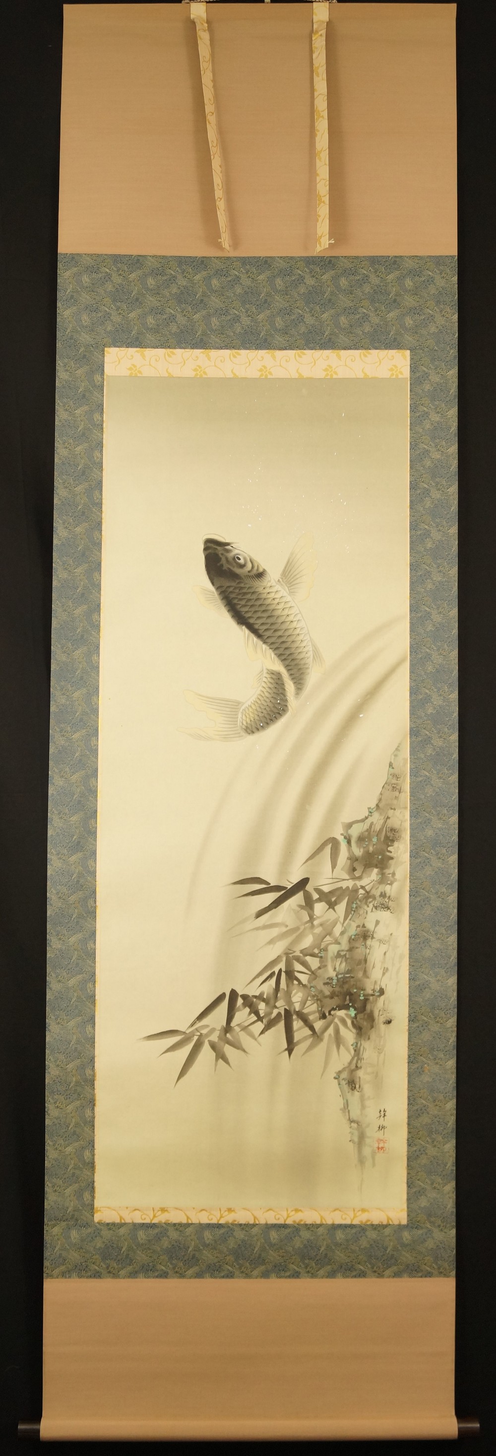 Koi at the Waterfall Full View Hanging Scroll