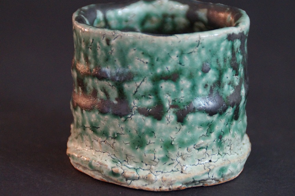 Another Side View with Dark Glaze Drips Running Down over Green Crackle