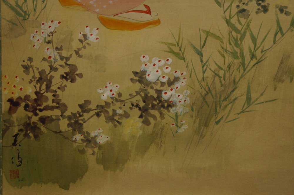 Japanese Hanging Scroll Beauty and Sakura Flower Motif Close-Up