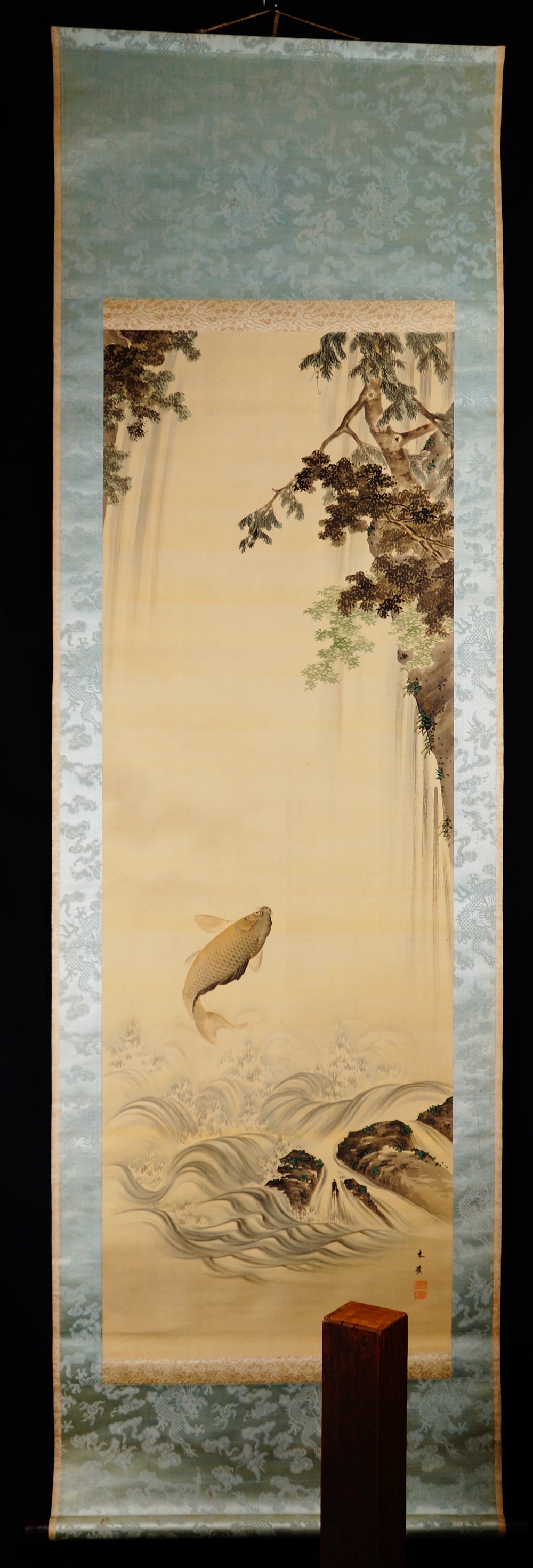 Carp Below the Waterfall as a hanging scroll by Takekawa Tomohiro in full view with blue-green mounting