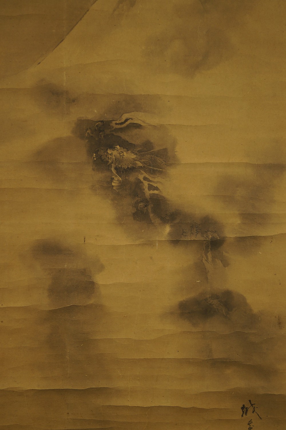 Dragon below Mount Fuji in sea of clouds motif close-up
