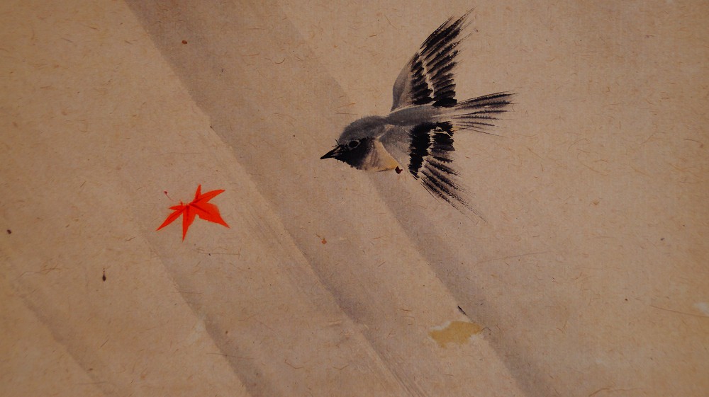 Autumn flight in morning light hanging scroll by Manjo Kajo bird motif close-up 2