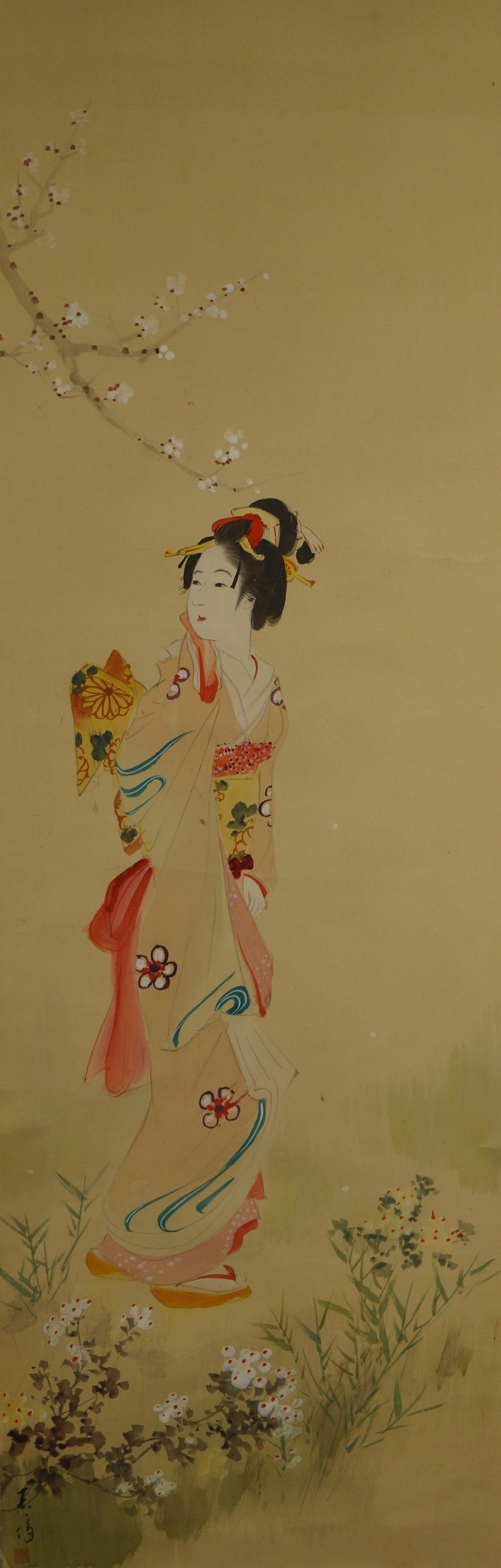 Japanese hanging scroll beauty and sakura full motif without mounting