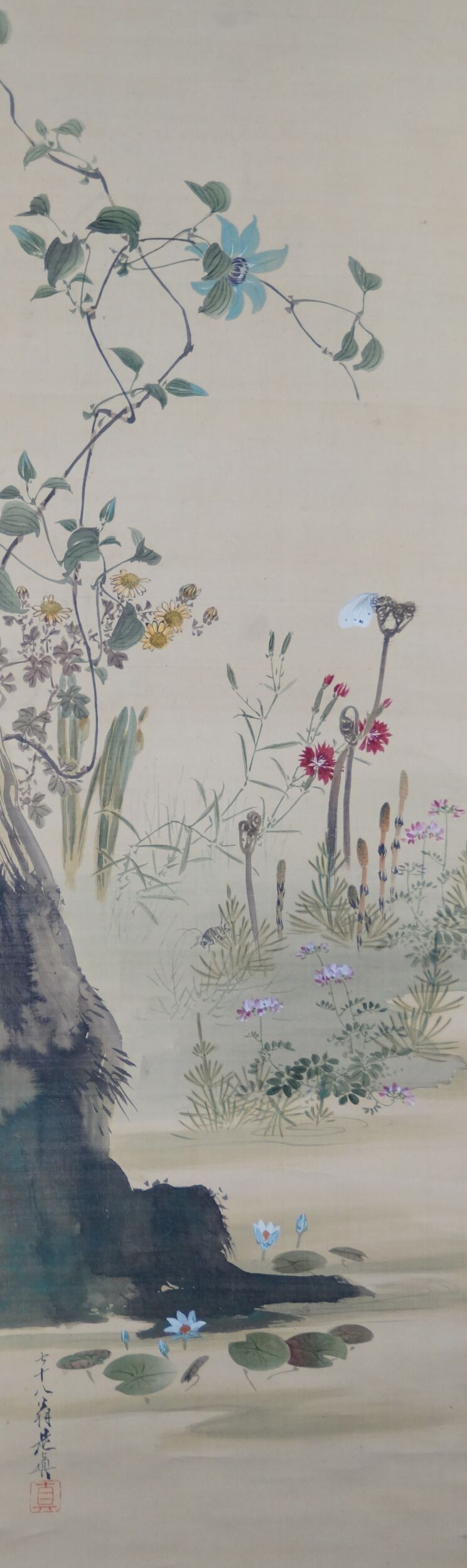 Full motif of the hanging scroll Autumn Riverside Vegetation with Butterfly, Clematis, Chrysanthemums and Carnations, without mounting