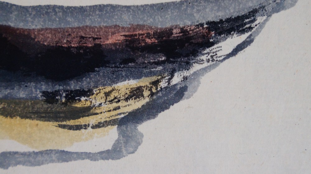 Another close-up of the tea bowl painted in ink and color by Iwasaki Hajin