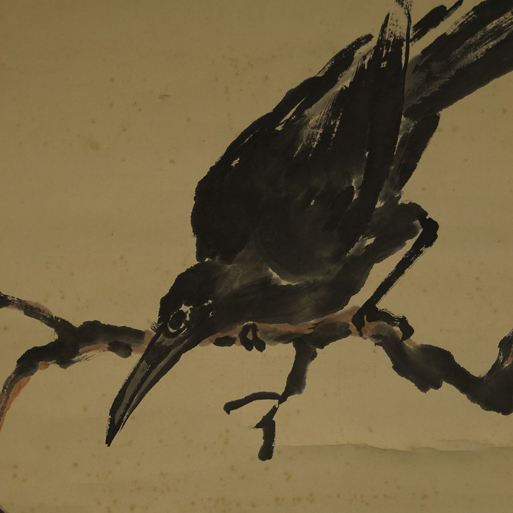 Japanese hanging scroll crow motif close-up preview
