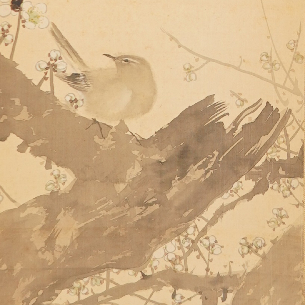 Additional close-up of the songbird among the plum blossoms in the Kakemono Songbird on Blossoming Plum Tree