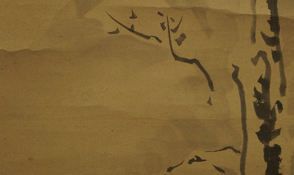 Kakemono by Sakai Hōitsu: winter landscape with birds over bare trees, painted in ink.
