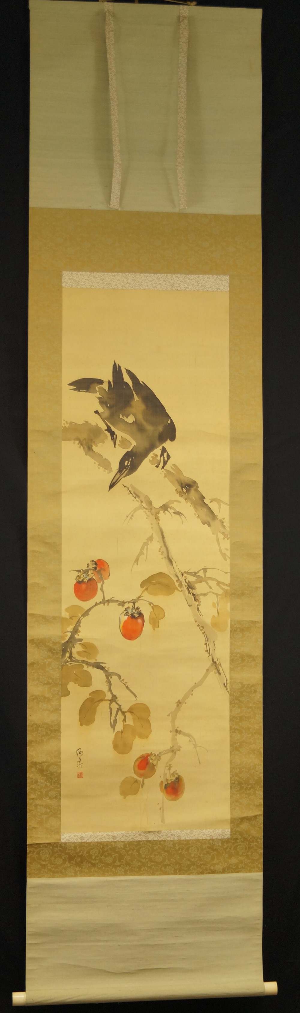 Crow on Persimmon Branch by Ito Yanagiso Full View of Hanging Scroll