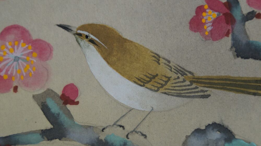 Further close-up of the songbird among the plum blossoms in the Kakemono Songbird on Blossoming Plum Tree