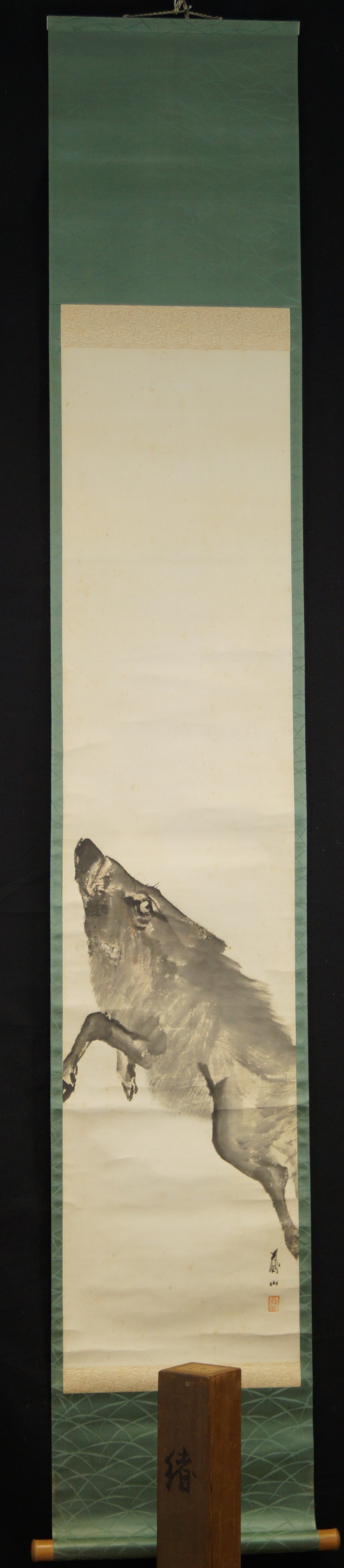 Japanese Hanging Scroll Leaping Boar Overall View