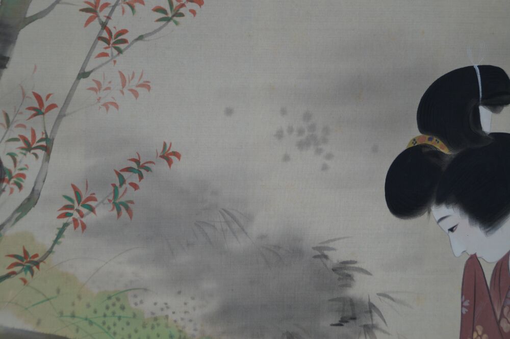 Additional view of the full motif with maple branch and ink background in the Kakemono Lady in Kimono by the Garden Pond, without mounting