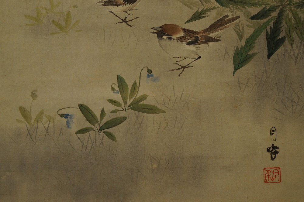 Sparrows on a Plum Branch hanging scroll sparrows close-up 1