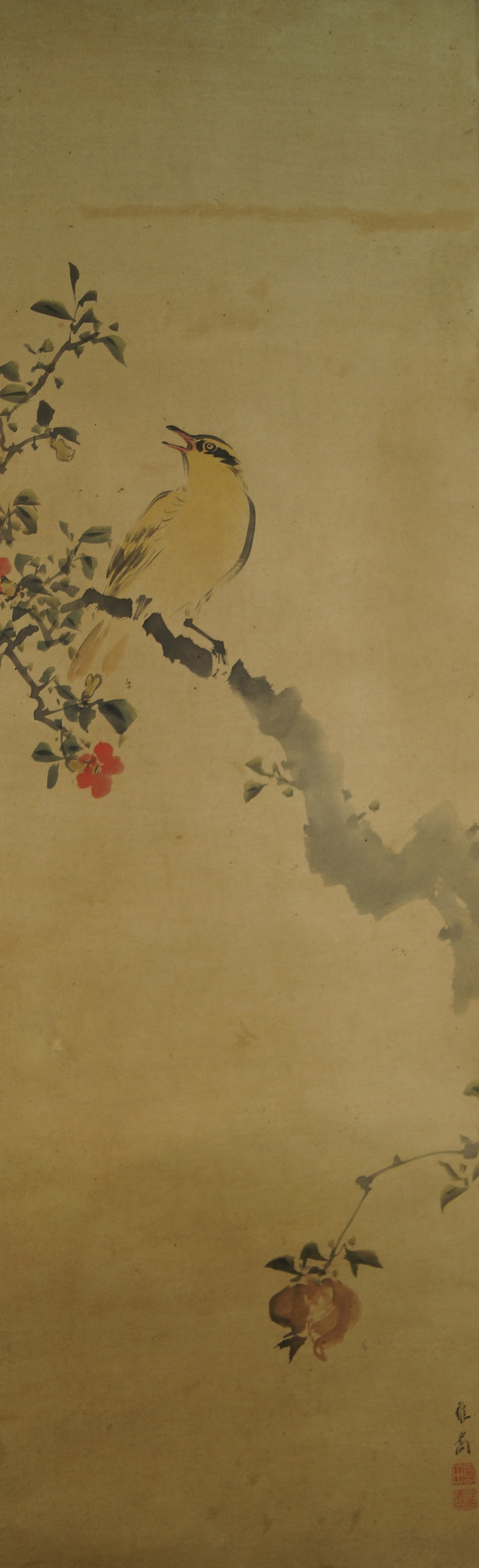 Japanisches Rollbild Set Vogel und Mondlandschaft Vogel Motiv Nahaufnahme 1