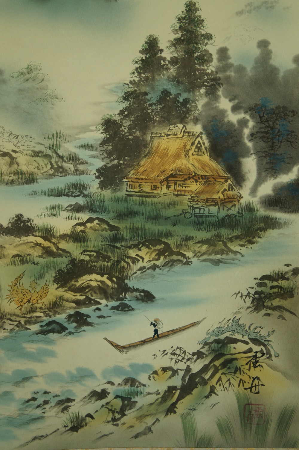 Landschaft Rollbild Bauernhaus und Fluss Nahaufnahme