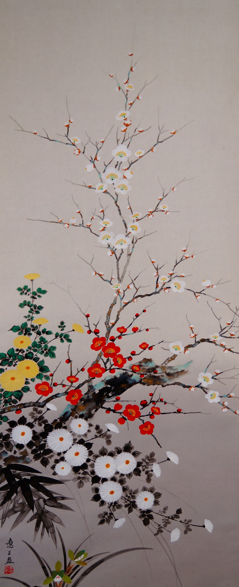 Plum blossom, chrysanthemum, bamboo and orchid as the Four Noble Plants in the hanging scroll by Endo Keizo with artist's signature and red seal