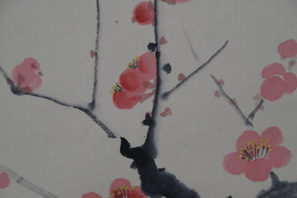 Additional close-up of the plum blossoms with yellow stamens in the Kakemono Pale Pink Plum Blossoms in Spring Light