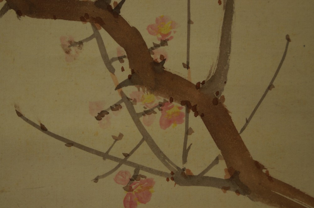 Sparrows on a plum tree branch hanging scroll plum blossom motif close-up