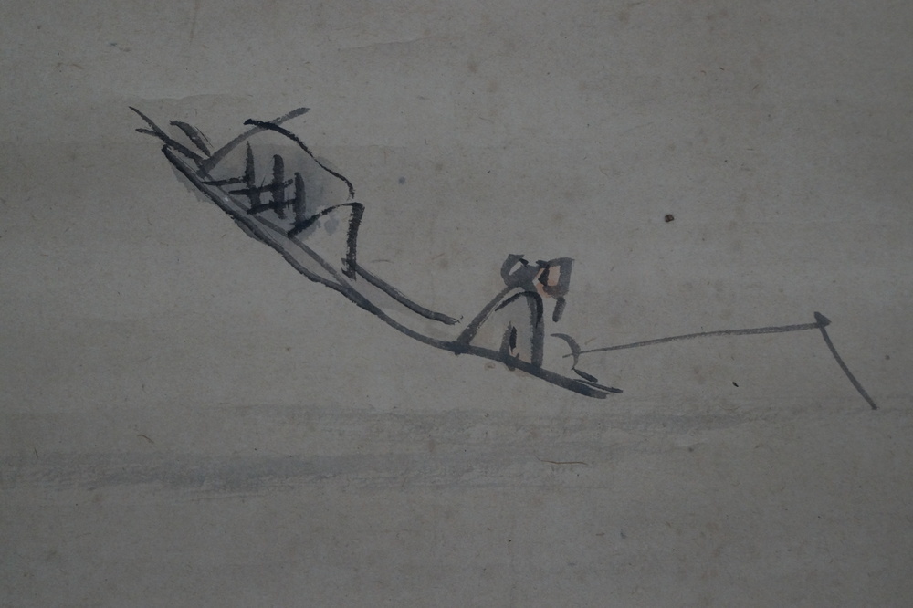 Knorriger Baum am Felsen Rollbild Fischerboot-Motiv Nahaufnahme