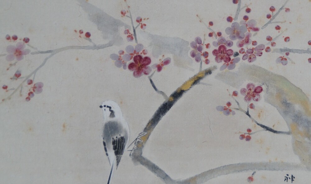 Kakemono by Tokuoka Shinsen: plum blossoms in early morning light, delicately painted on silk.