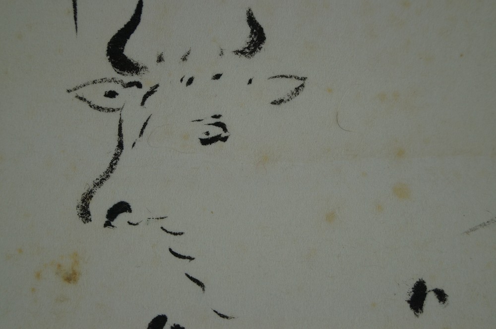 Hanging scroll grazing bull bull motif close-up
