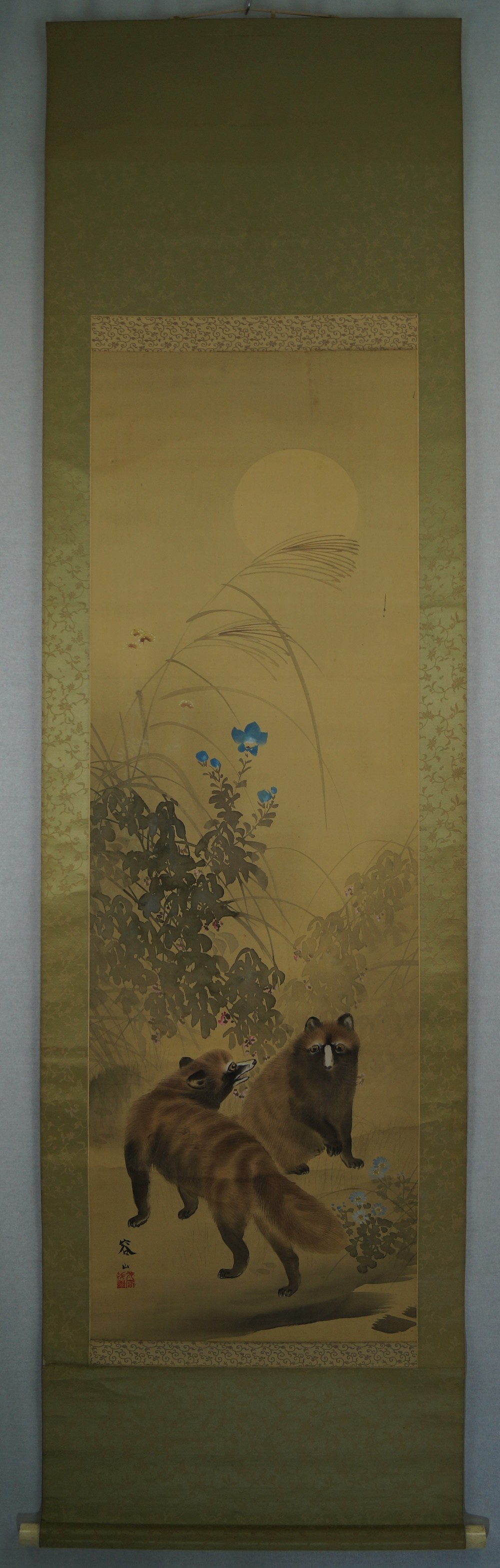 Two Raccoon Dogs and Full Moon Full View Hanging Scroll