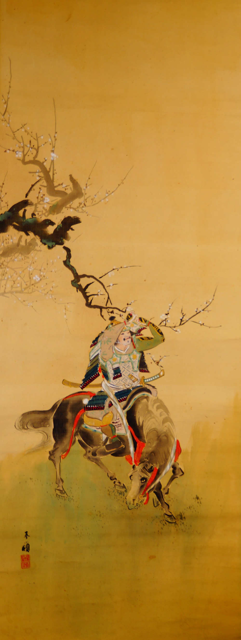 Full motif without mounting showing the mounted samurai warrior beneath a blossoming plum branch