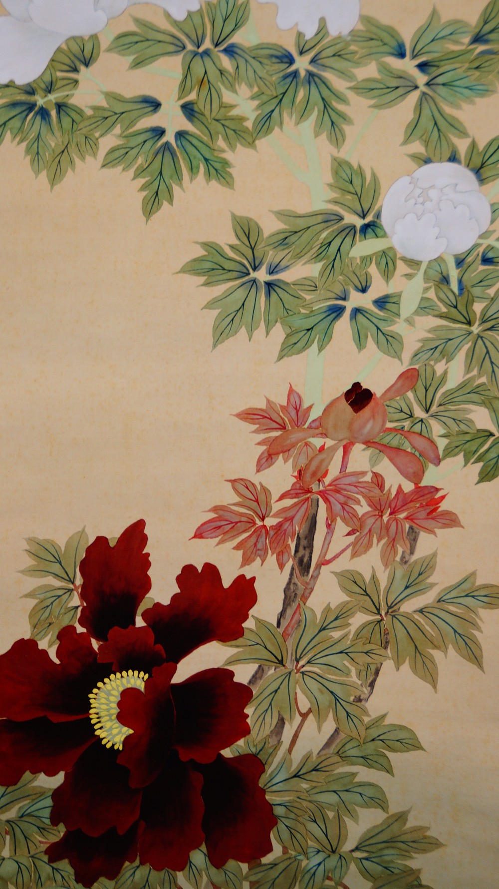 Butterfly Over Peony Blossoms by Ryokuro Peony Motif Close-Up