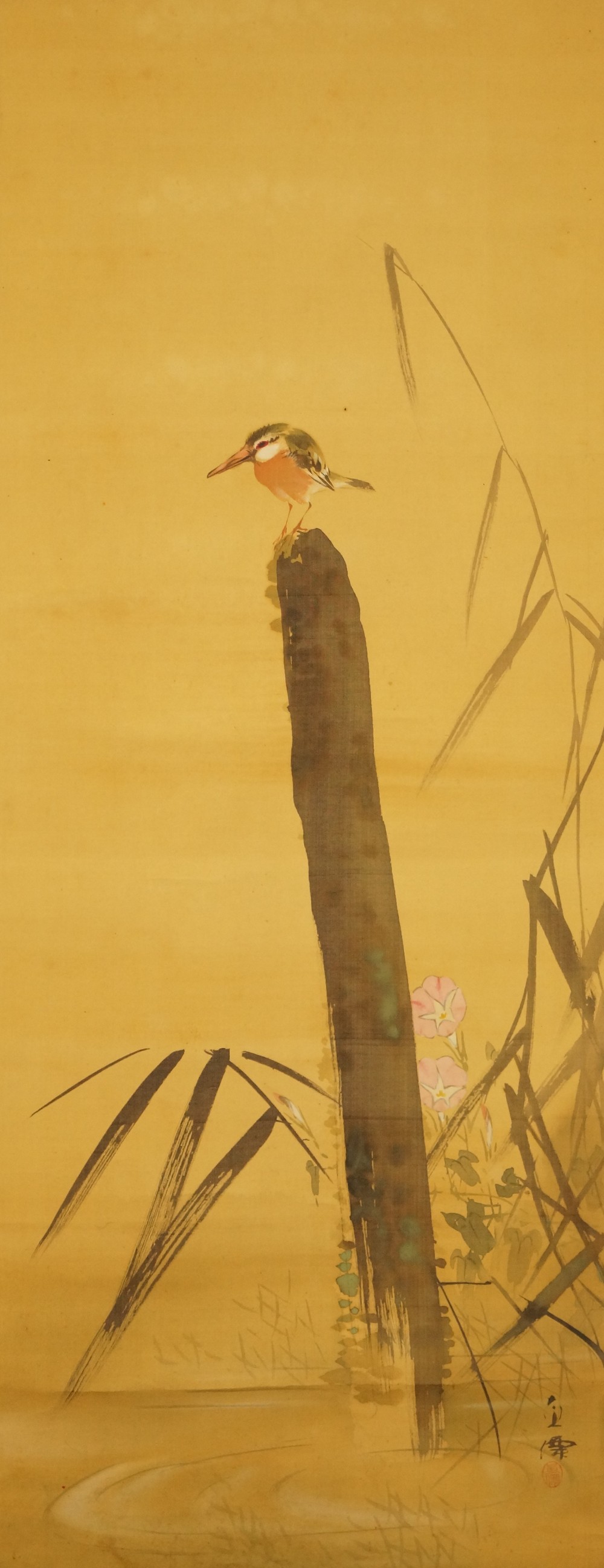 Painted motif of a kingfisher on a wooden post with morning glories without mounting