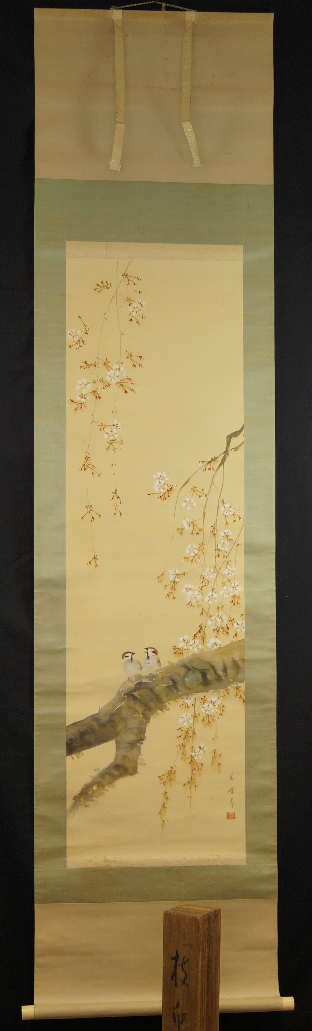 Two Sparrows on the Sakura Branch Full View Hanging Scroll