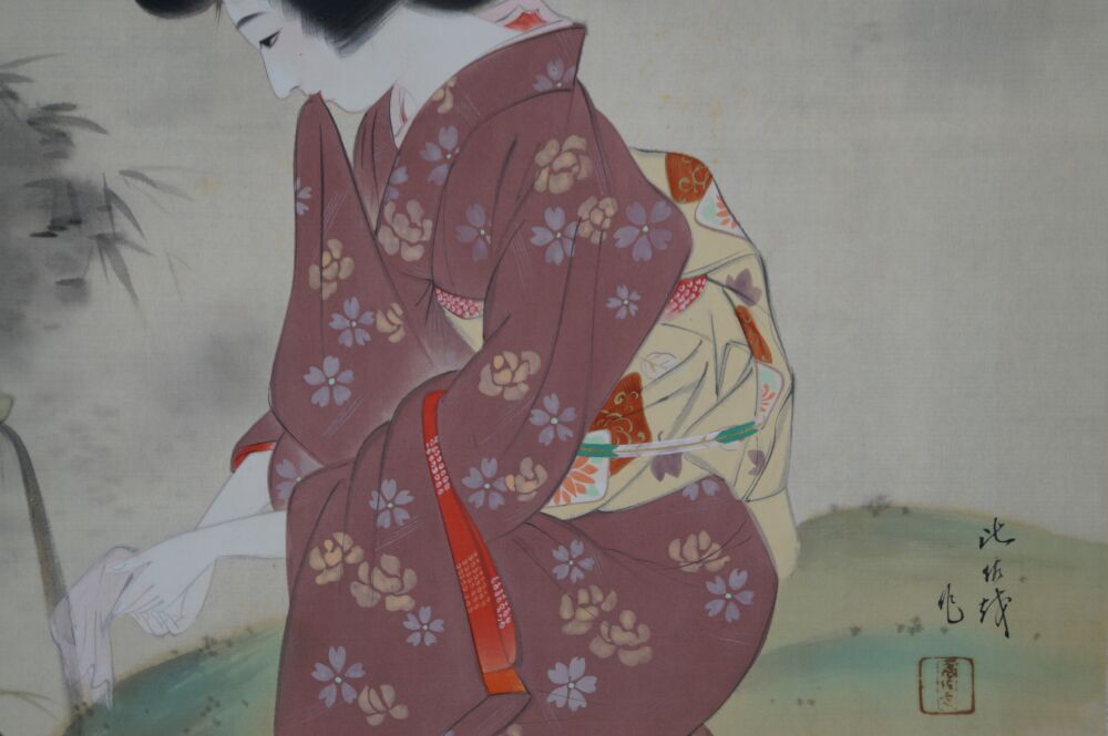 Further view of the full motif with maple branch, bamboo water spout, and rocks in the hanging scroll Lady in Kimono by the Garden Pond, without mounting