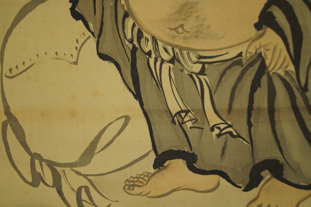 Hotei Under the Pine Kakemono Sack and Feet Motif Close-Up