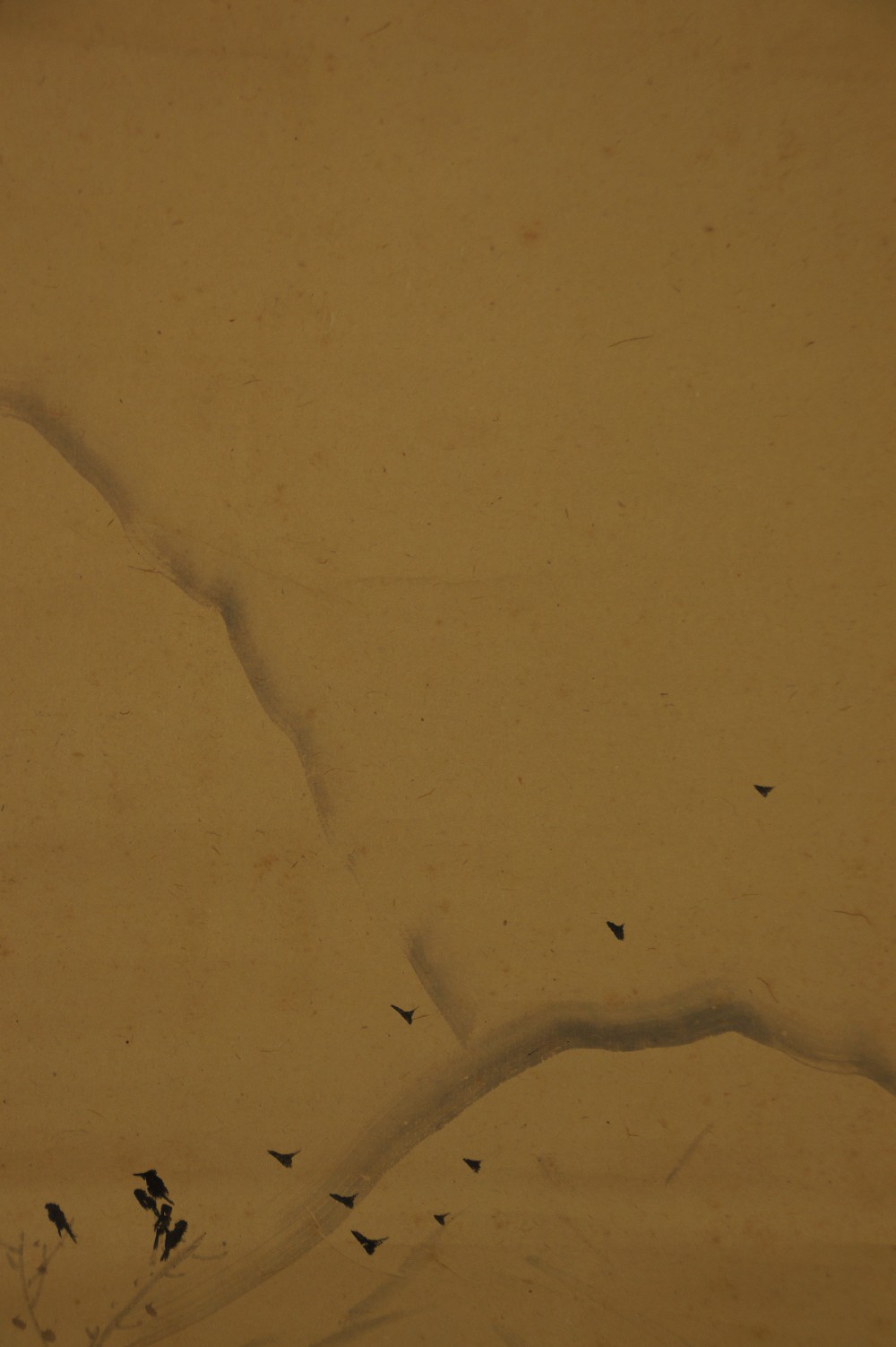 Close-up of several crows flying over the snow-covered mountain landscape
