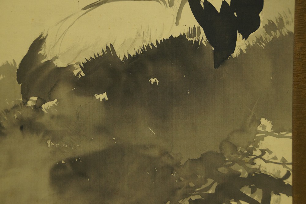 Close-up of the vigorous ink wash of plumage and tail feathers