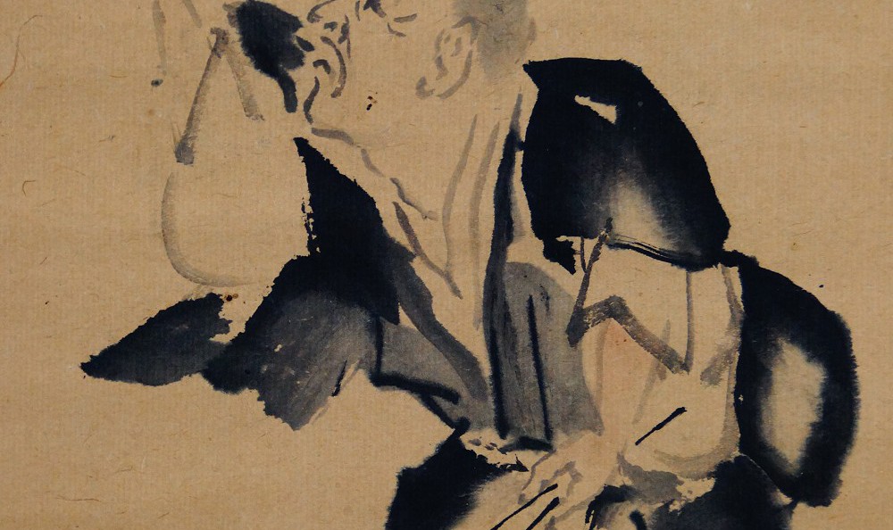 Kakemono by Yamauchi Kōsetsu: monk catching shrimp, ink painting with inscription.
