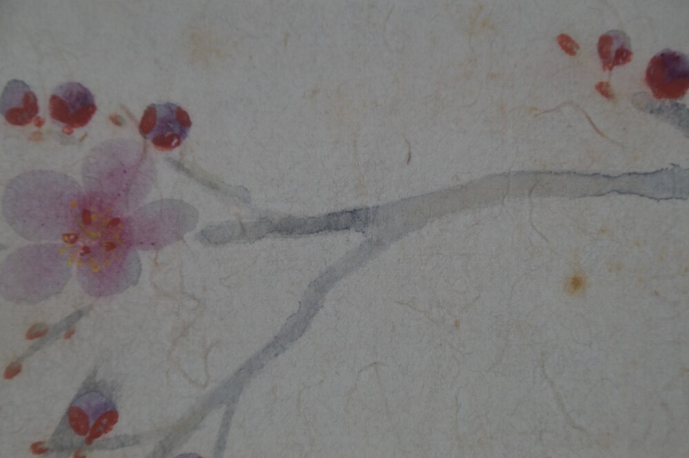Close-up of a simple plum branch with scattered blossoms in the hanging scroll Plum Blossoms in Quiet Morning Light by Tokuoka Shinsen