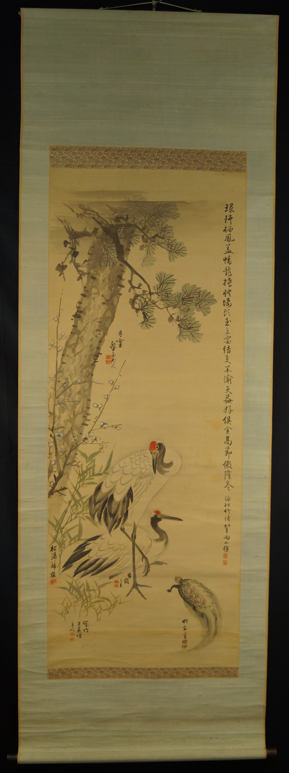 Cranes and Turtle by Suiu Oshida Full View Hanging Scroll